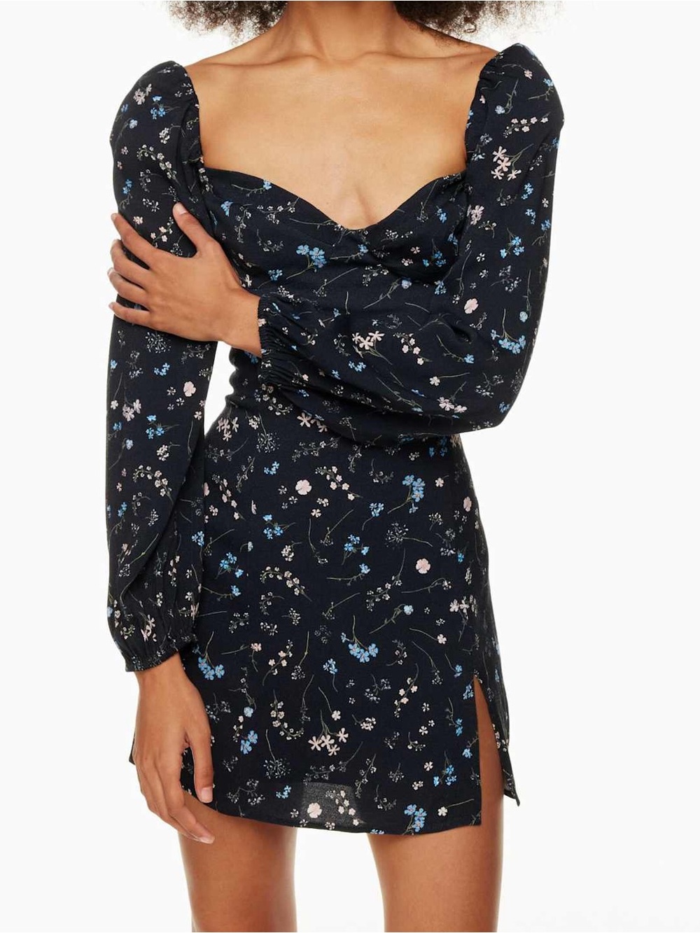Wilfred Aritzia Novella Dress Black Floral Puff-Sleeve